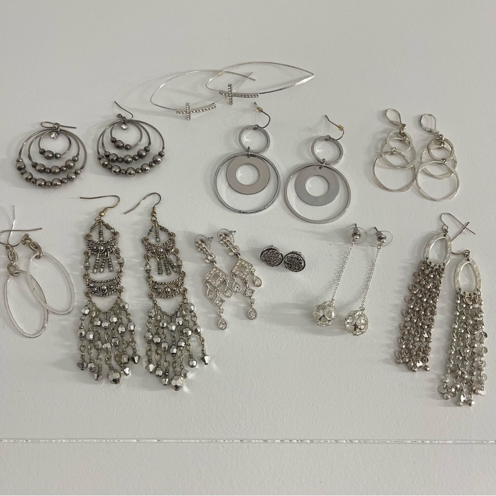 10 pair earring lot costume jewelry silver rhinestones